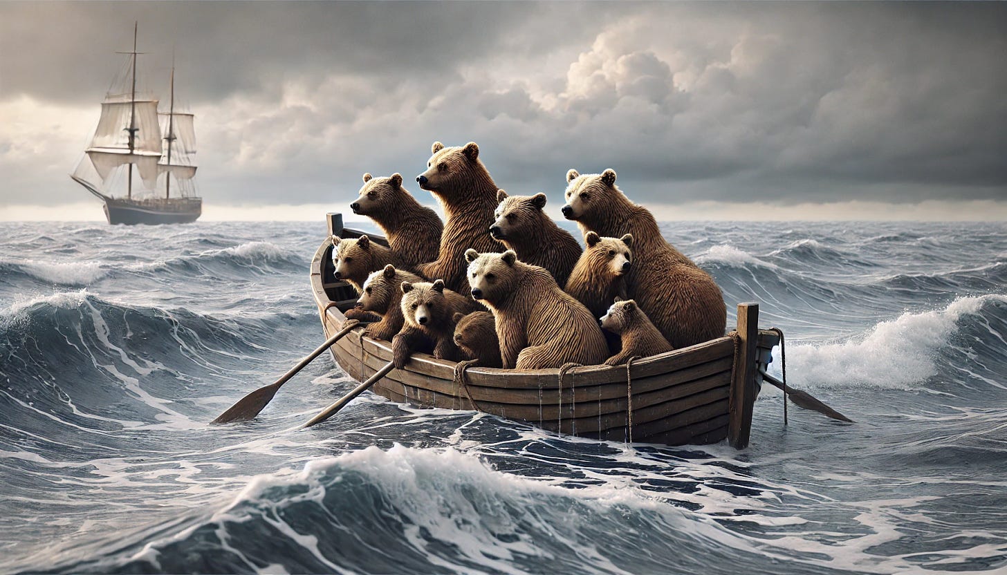 A group of realistic brown bears huddled closely together in a lifeboat on the open sea. The scene captures a sense of companionship and survival, with the bears' fur slightly wet from sea spray, and the boat slightly weathered. The sky is overcast, suggesting a stormy environment, with gentle waves surrounding the boat. Aspect ratio 34:21.