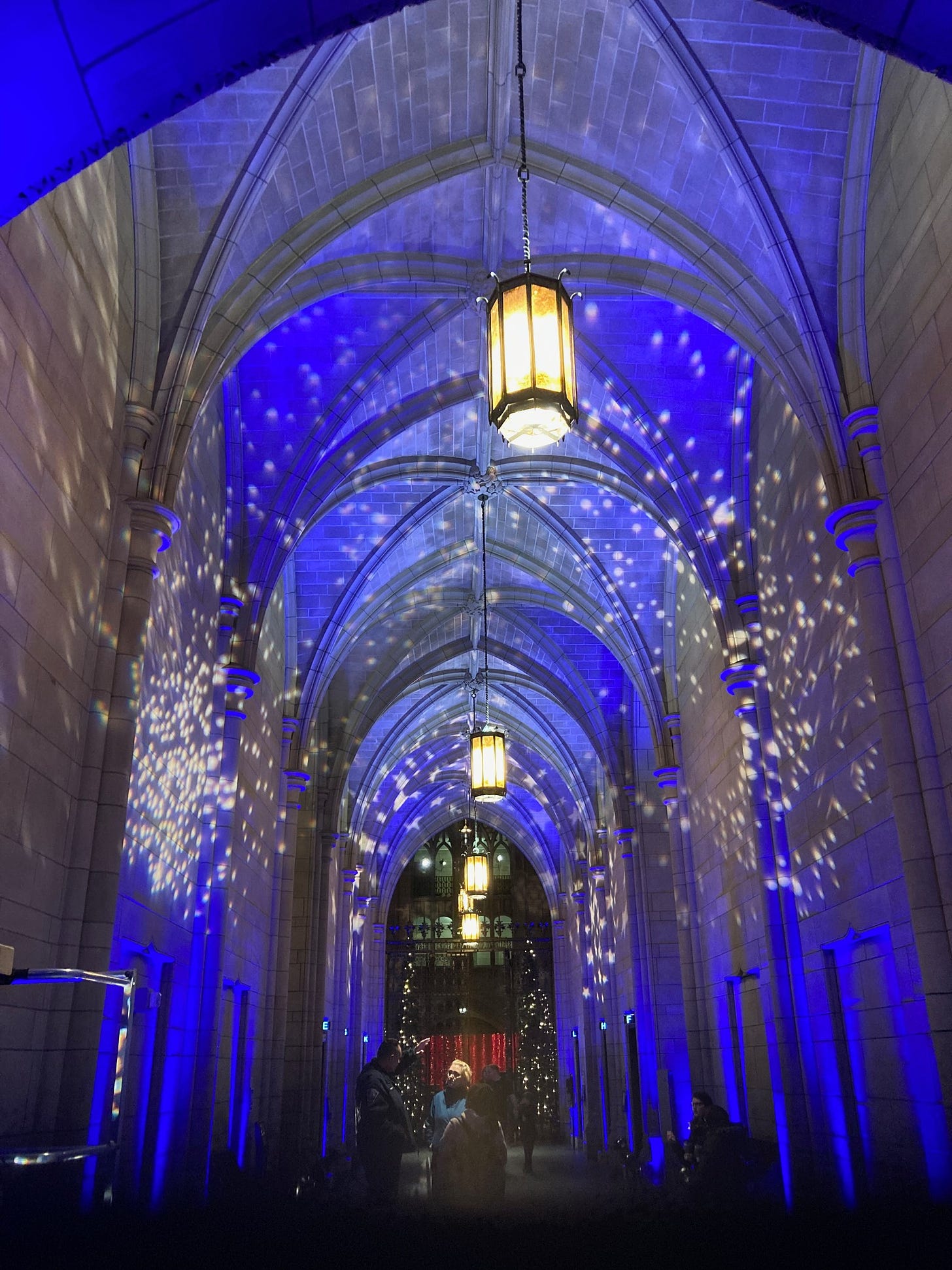 Gray stone gothic architecture interior with blue light background plus white snowflakes and stars projected on it. 