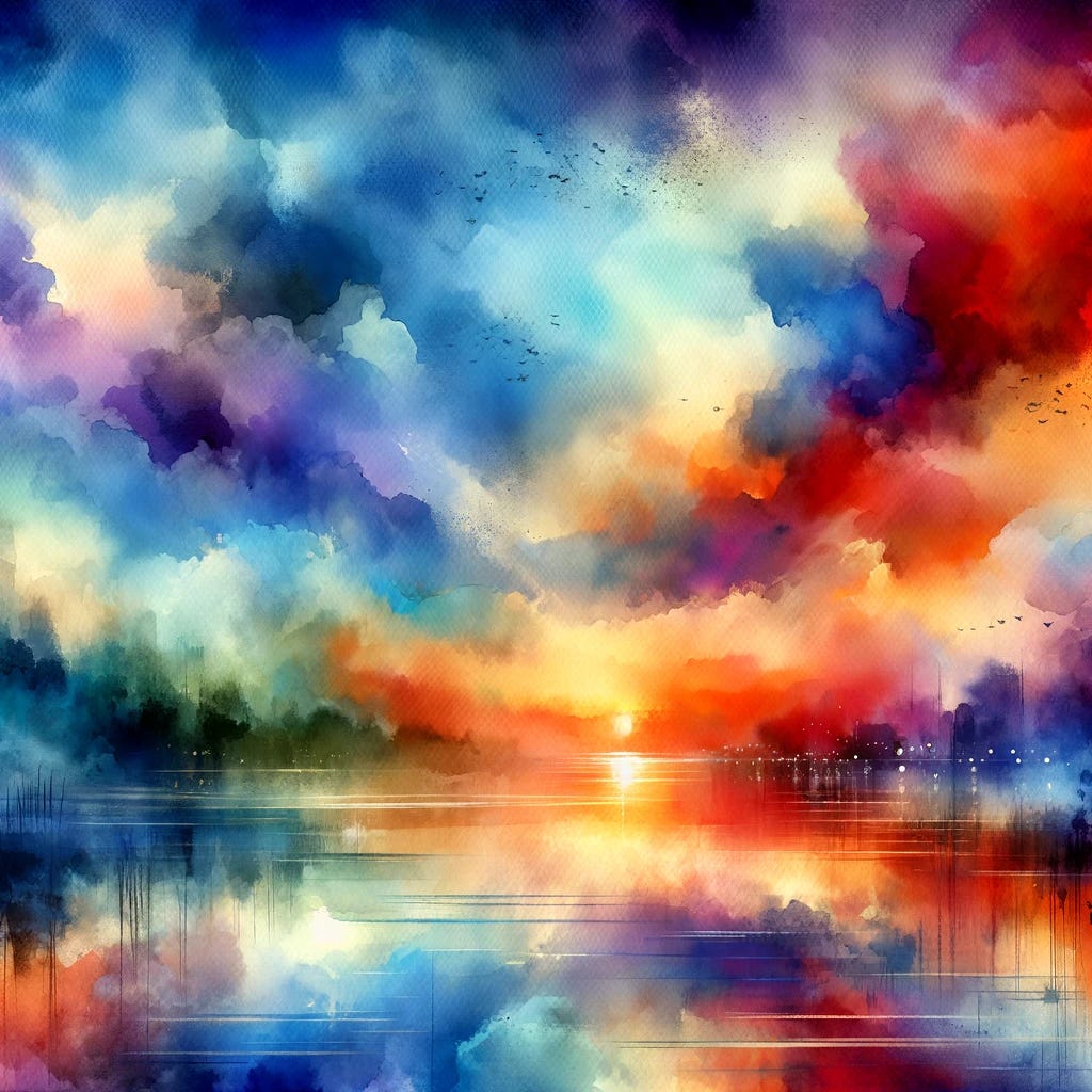 Create a more abstract watercolor painting focused solely on the sky at evening, excluding any water bodies. This painting should utilize only realistic colors found in the sky during sunset, such as shades of blue, orange, red, and purple, explicitly avoiding any green. The composition should be abstract, encouraging the viewer to immerse themselves in the blend of colors and textures that represent the evening sky's beauty. The artwork should still hint at infrared elements subtly, but maintain a palette of natural, realistic sunset colors.