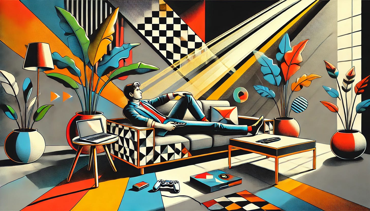 A post-modernist style illustration of an entrepreneur taking a day off in a cozy, modern living room. The person is reclined on a stylish, geometric-patterned sofa, with bold, abstract shapes surrounding the scene. They have a gaming console in hand, a laptop on a minimalist side table, and vibrant, oversized plants in the background. The lighting is dynamic, with artistic beams of sunlight creating sharp contrasts. The mood is playful and bold, blending technology and leisure in a creative, unconventional composition.