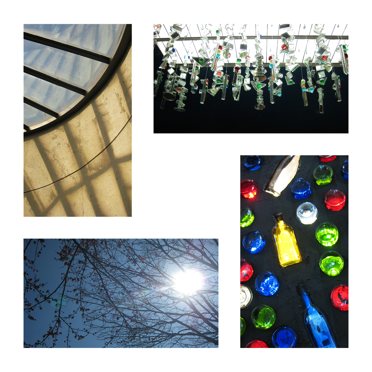 A compilation of four images taken with nat’s digicam. Clockwise from top left: a warm-toned photograph of the ceiling windows and concrete at the American Visionary Arts Museum; mirrored lightcatchers hang from the bathroom lights at AVAM; a wall of glass bottles creating a stain glass effect; the sun peeks through bare trees against a blue sky.