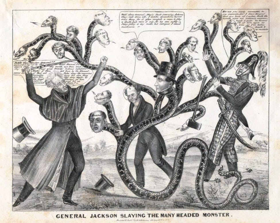 Cartoon of three men fighting a monstrous snake-like creature with multiple human heads. The man on the left holds a cane that says “veto” on it. The man on the right has dropped his axe.