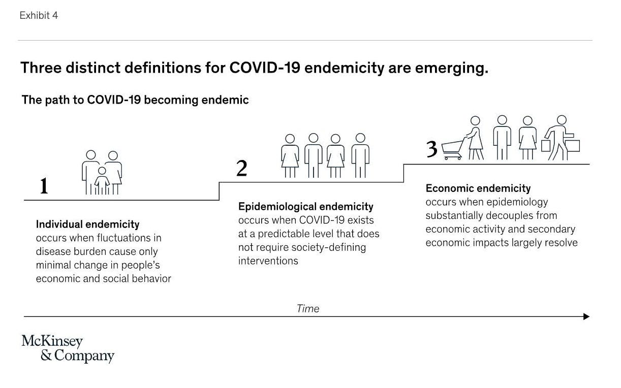 A McKinsey consulting slide titled: "Three distinct definitions for COVID-19 endemicity - The path to COVID-19 becoming endemic." featuring "Individual endemicity," Epidemic endemicity," and "Economic endemicity" in which people are just fine with infinite COVID-19 reinfections (until their health collapses) A McKinsey consulting slide titled: "Three distinct definitions for COVID-19 endemicity - The path to COVID-19 becoming endemic." featuring "Individual endemicity," Epidemic endemicity," and "Economic endemicity" in which people are just fine with infinite COVID-19 reinfections (until their health collapses)