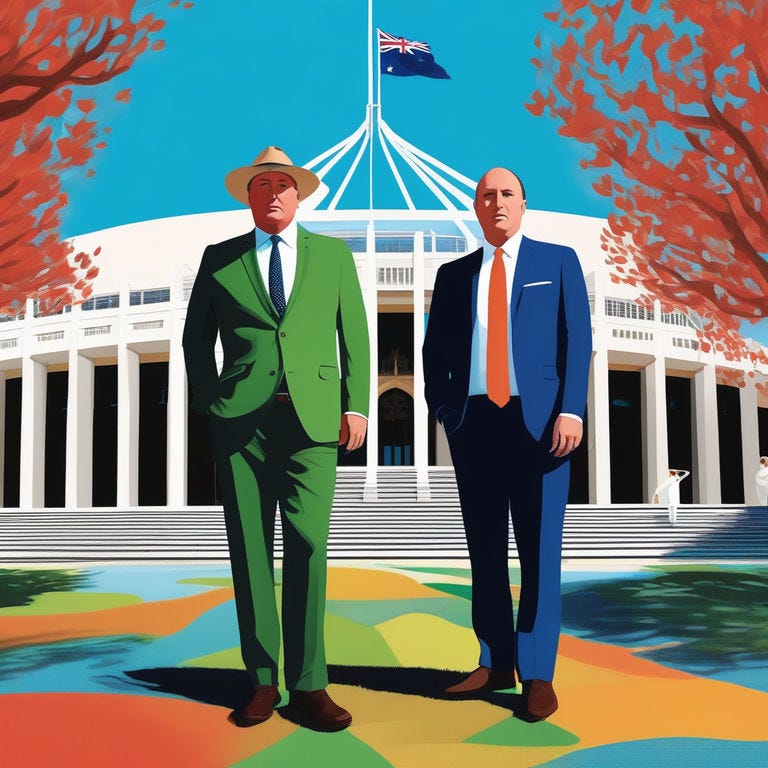 Prompt: Barnaby Joyce and Peter Dutton standing outside parliament house in Canberra, in the style of David hockney