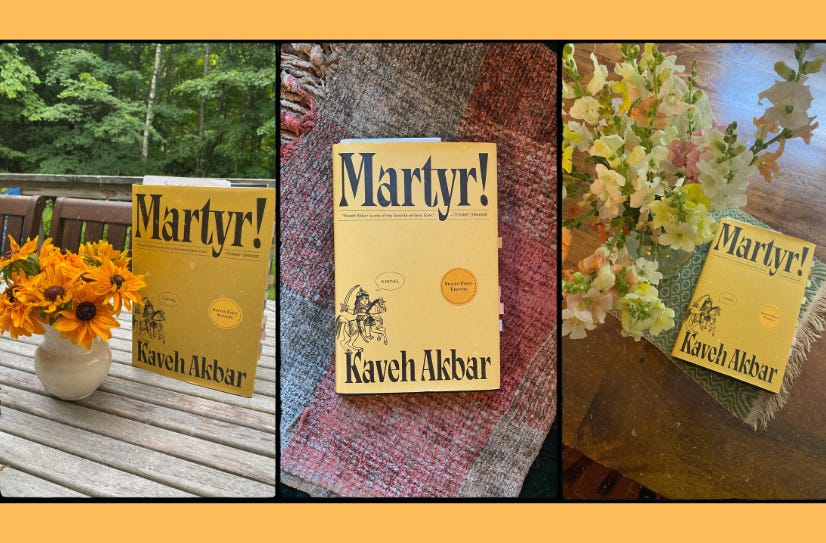 Three photos of Martyr! on three different backgrounds: on a porch table next to a vase of rudbeckia, on a blanket, on a table next to a vase of snapdragons.