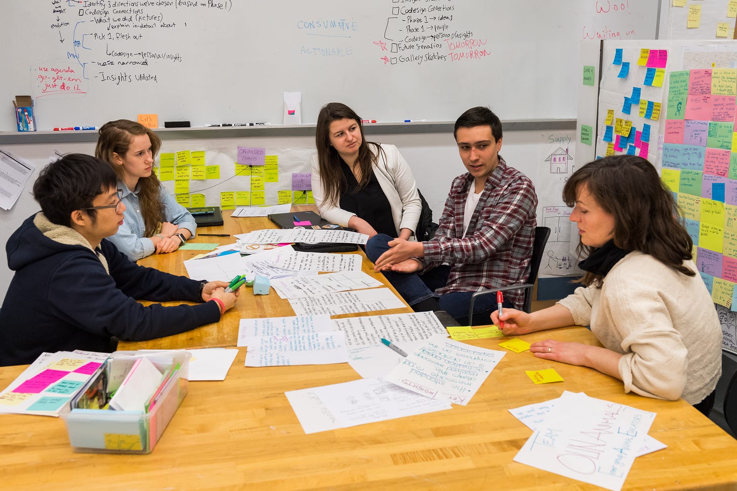 A group of four students sits around a design studio table with me as their professor. We're hashing out qualitative data on post its and other graphic charts.