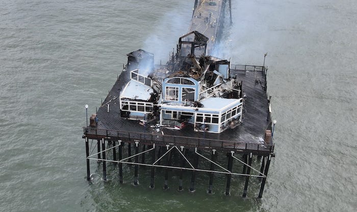 A fire broke out on the west end of the Oceanside Pier on Thursday and took fire crews until Friday to subdue the blaze. Firefighters extinguished all remaining hotspots and clear the pier on Monday, although Ruby’s Dine and the Brine Box were destroyed. Courtesy photo