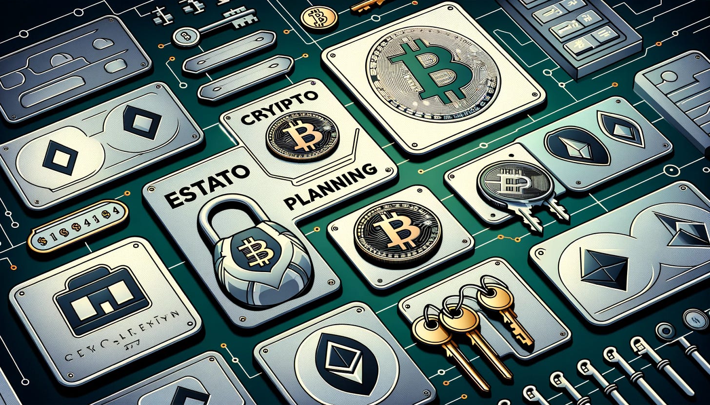 A 16:9 poster for crypto estate planning featuring various cryptocurrency symbols (like Bitcoin, Ethereum) creatively arranged. Include lock symbols to signify security and keys to represent access and ownership. The design should be sleek and modern, with a focus on the importance of safeguarding digital wealth. Use a color scheme that includes shades of green, silver, and black.