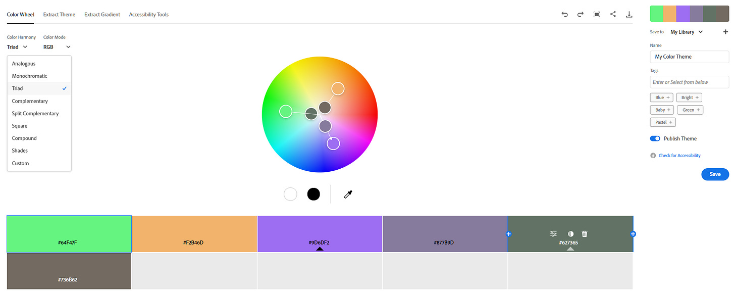 Using the color wheel for a palette in Adobe Color