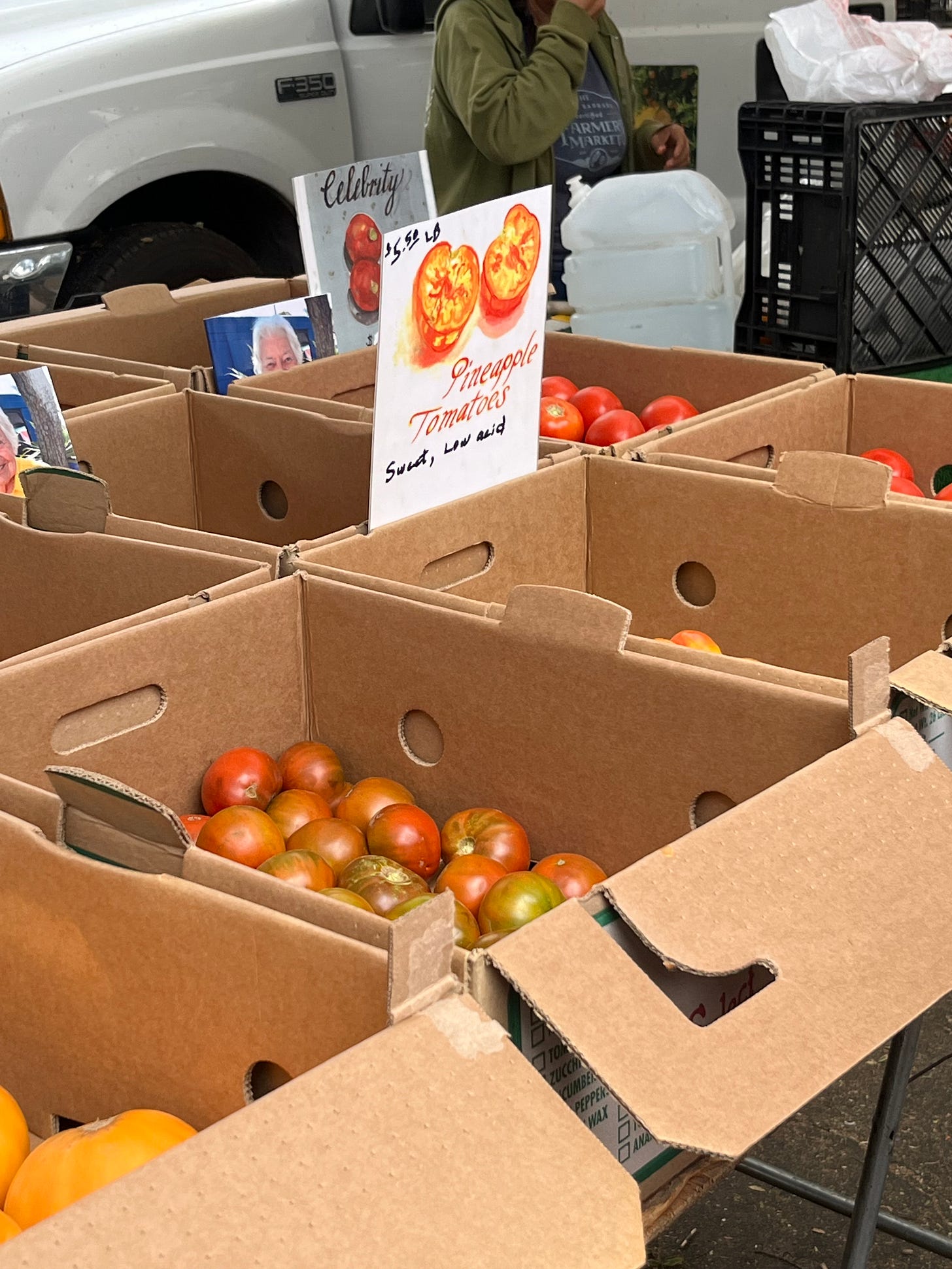 Farmer's market stall of heirloom tomatoes with handpainted signs depicting variety.