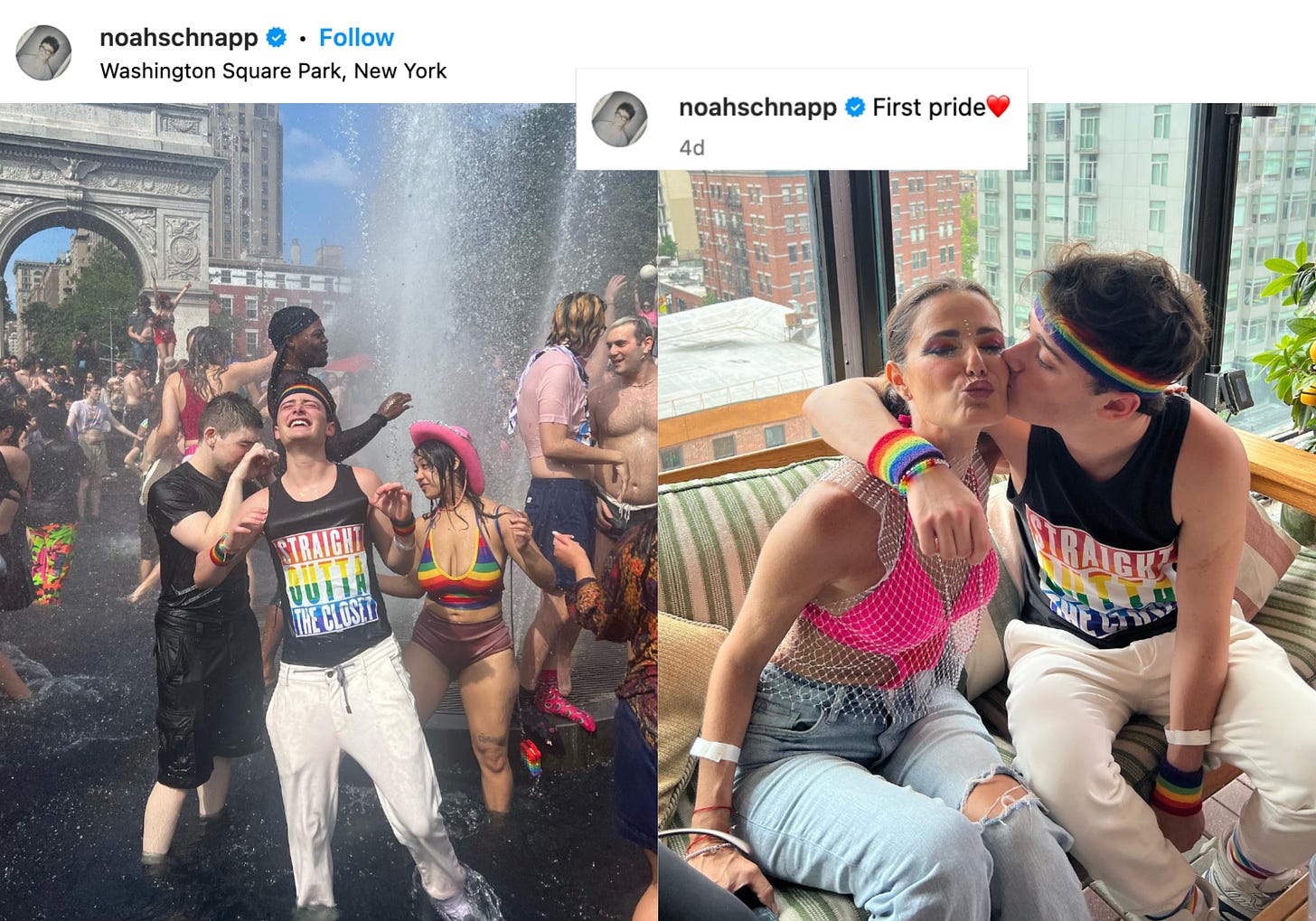 Noah Schnapp Instagram post celebrating Pride wearing a shirt that says Straight Outta The Closet in Washington Square Park and kissing his friend on the cheek