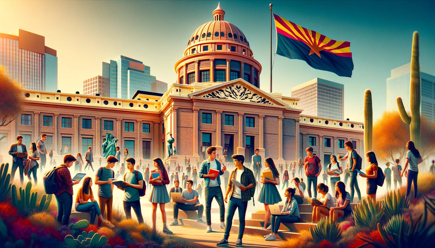 A vibrant scene showing a diverse group of college students gathered at the Arizona State Capitol. The image captures the grandeur of the Capitol building in the background, with its distinctive copper dome and flagpole flying the Arizona flag. The students are seen engaging in various activities such as discussing, holding books, and some using laptops, embodying the spirit of academic and civic engagement. The atmosphere is lively, with clear skies above and the landscape reflecting the unique desert environment of Arizona, including cacti and local flora around the Capitol grounds.