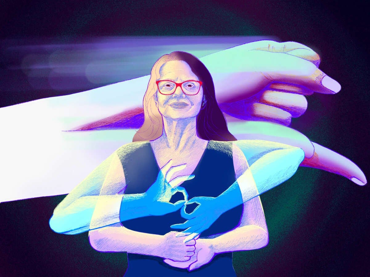 A digital illustration of Teresa Blankmeyer Burke, depicting her as having multiple arms signing both "ASL" and "I am helping you", with the sign for outward-directed "help" in ASL shown in the background.