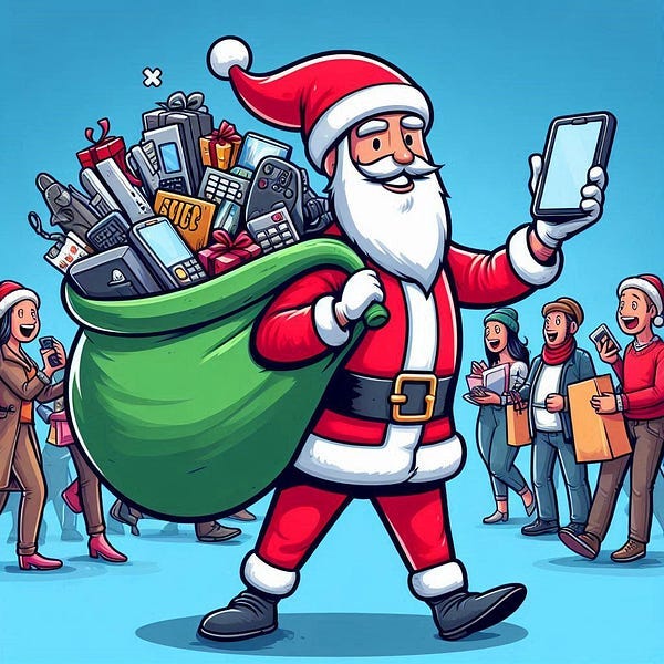 Santa with a bag filled with used mobile phones.