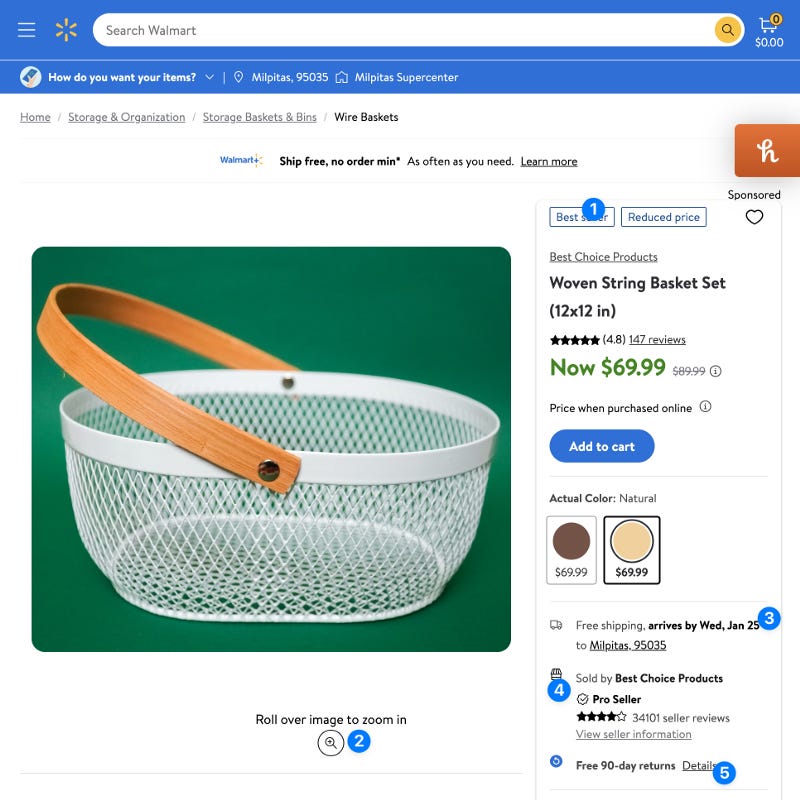 Screenshot of a basket e-commerce page from Walmart with annotations.