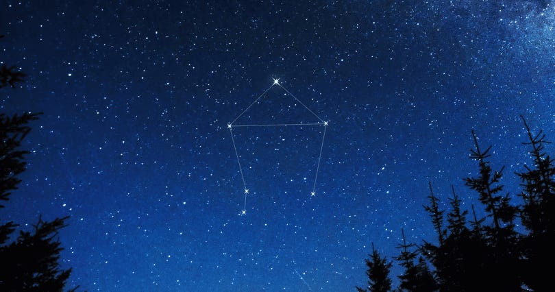 A dark blue night sky bordered by black evergreen trees. A series of bright stars in the sky are linked together in a pattern of a triangle with two downward-pointing arms. 