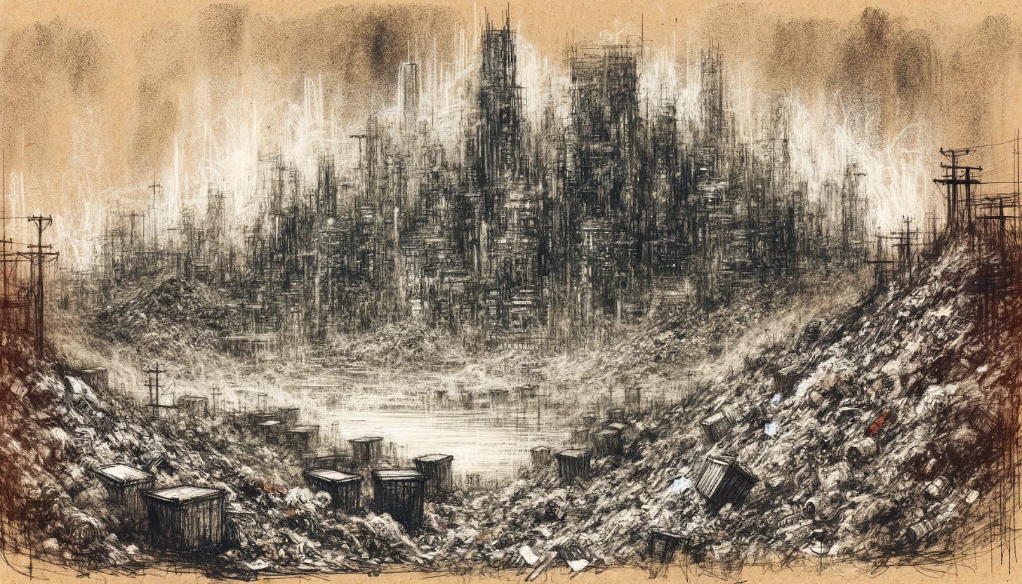 Sketch on rough paper showing a gritty, post-apocalyptic urban scene dominated by hills of garbage. The sketch is made with dense, heavy strokes to indicate the immense layers of trash. The suggestion of buildings under the waste is depicted with repeatedly re-drawn and smudged lines, conveying a sense of continuous decay. The image has the appearance of being etched with numerous revisions, giving it a textured history. A contrasting vision of a gleaming, futuristic city appears in the distance, outlined with clear, clean lines amid the haze of the chaotic foreground.