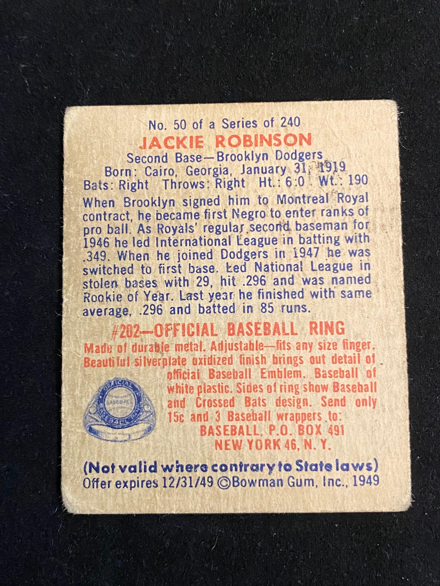 1949 Bowman Jackie Robinson Back