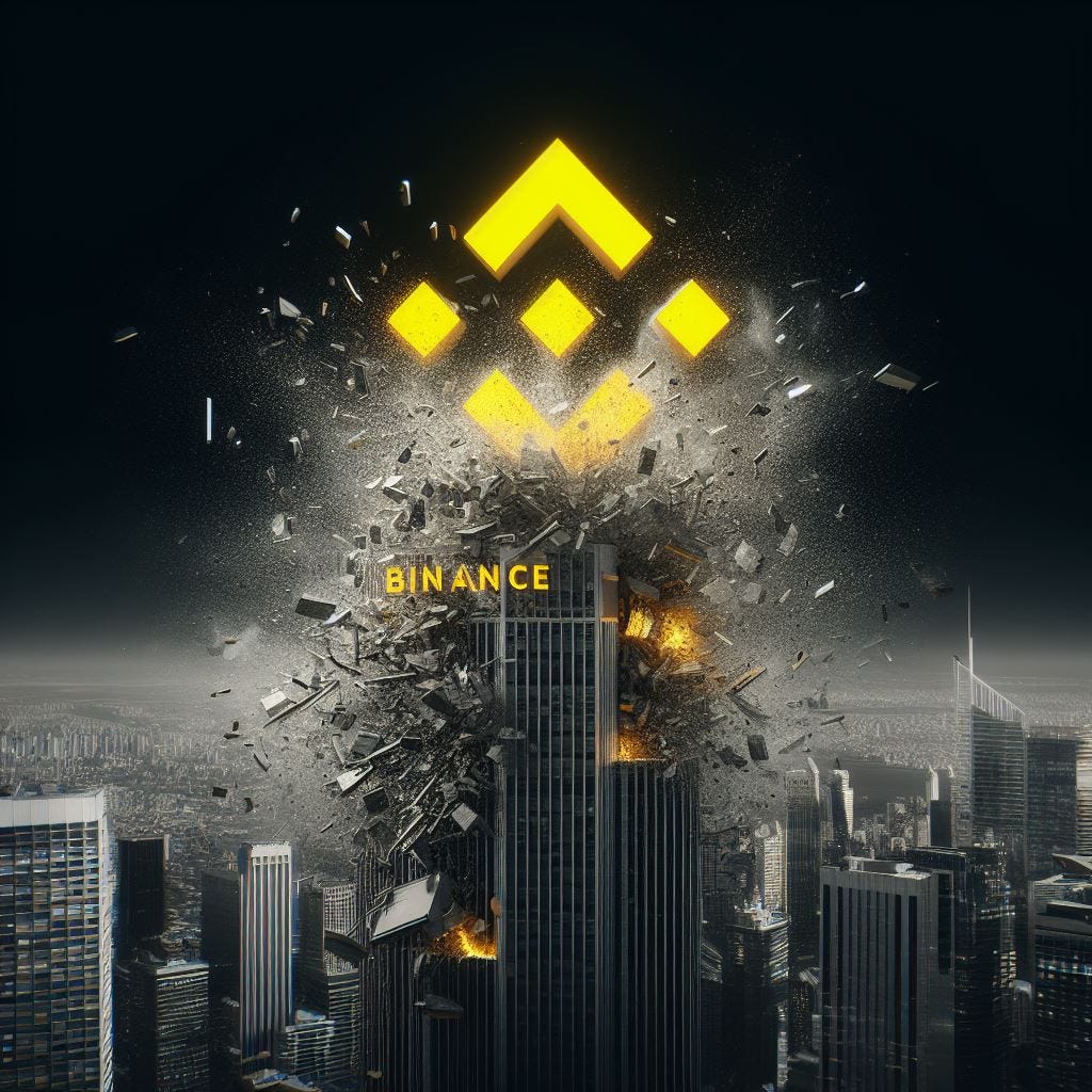 edificio con el logo de Binance en la azotea que explota y se derrumba. Fondo negro