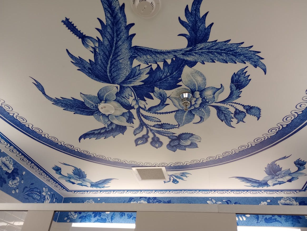 Ceiling with blue willow designs