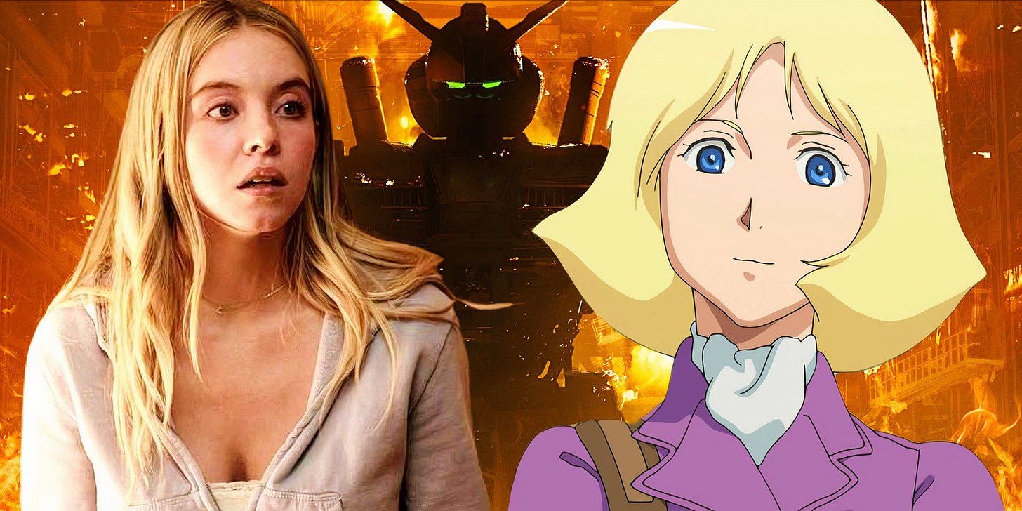 Sydney Sweeney and Sayla Mass in front of Gundam art