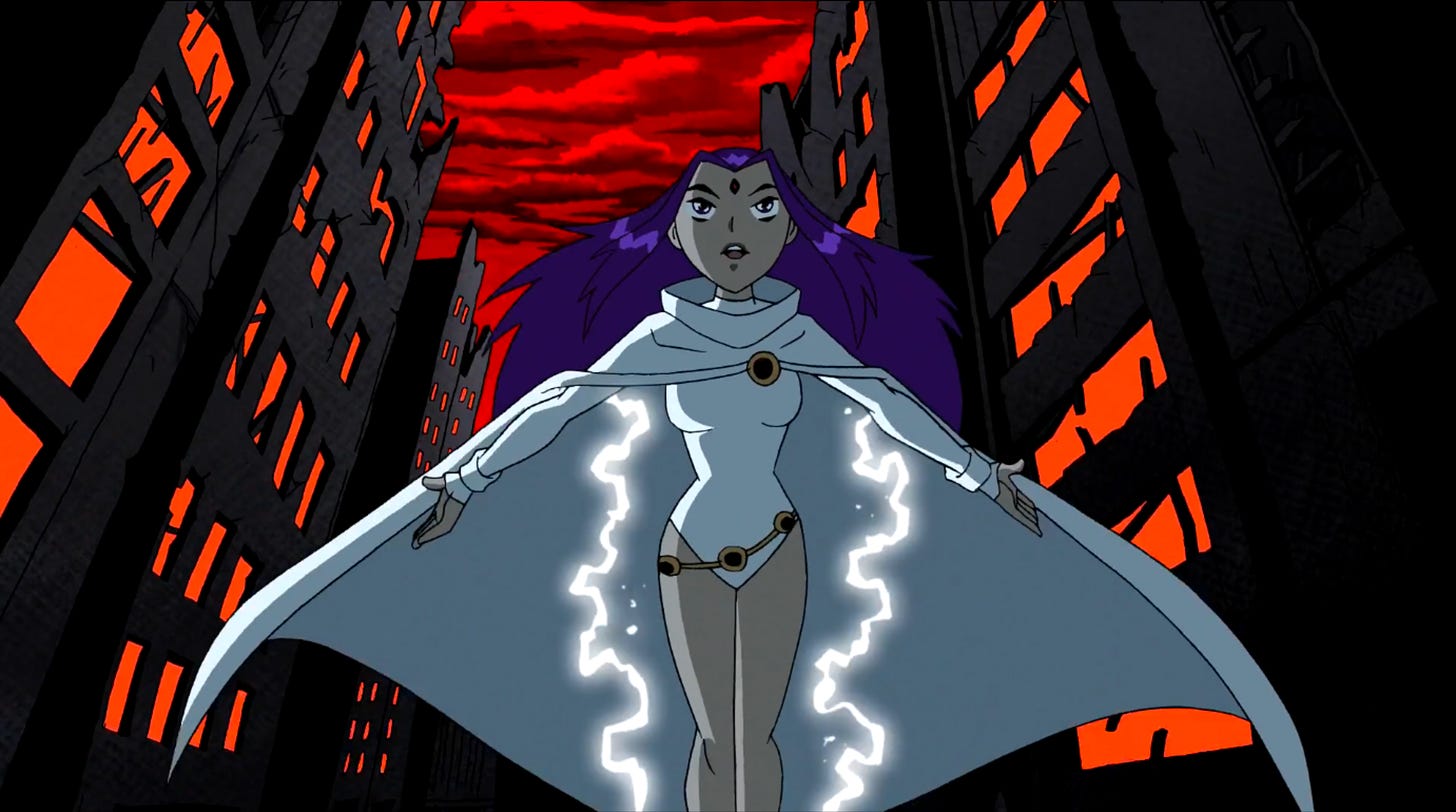 White Raven rises to confront and defeat Trigon, framed by derelict buildings, crackling with electricity (Teen Titans, 2003)