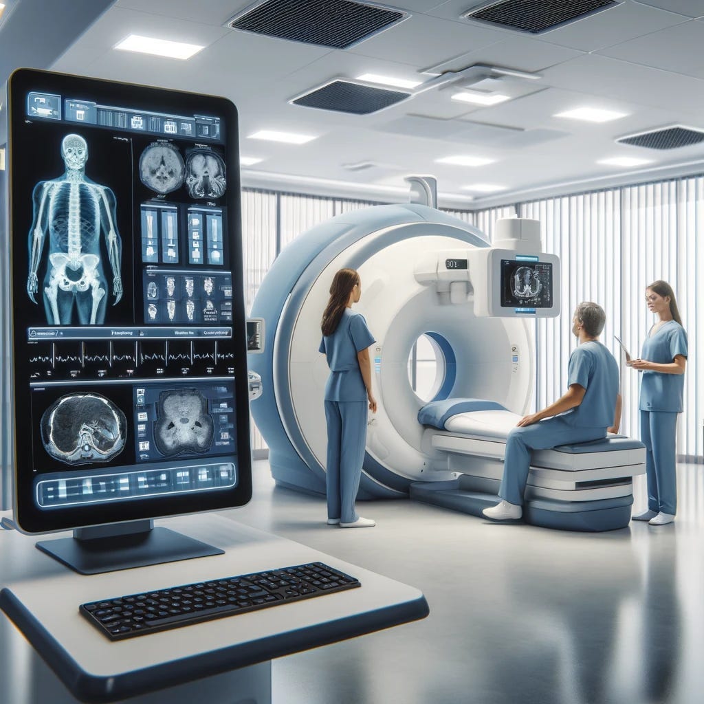 A hospital room equipped with advanced diagnostic tools enhanced by monocular depth estimation, featuring medical professionals analyzing a 3D scan on a large monitor. The room radiates with a sense of modern medical practice and precision.