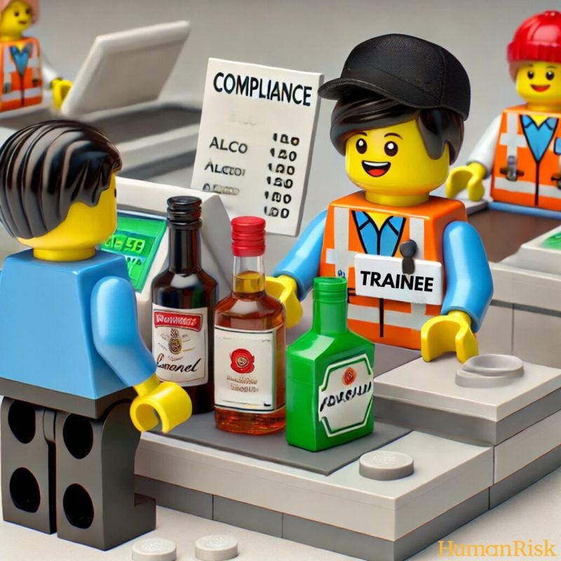 A LEGO-style depiction of a customer at a checkout counter. A LEGO figure wearing an orange safety vest labeled 'TRAINEE' serves a customer while bottles of alcohol are displayed on the counter. A sign in the background reads 'COMPLIANCE' with some pricing information. 