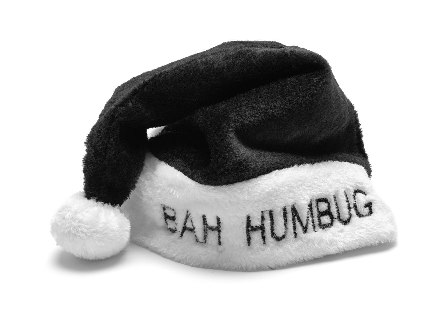 A black Father Christmas hat, with Bah Humbug printed on it.