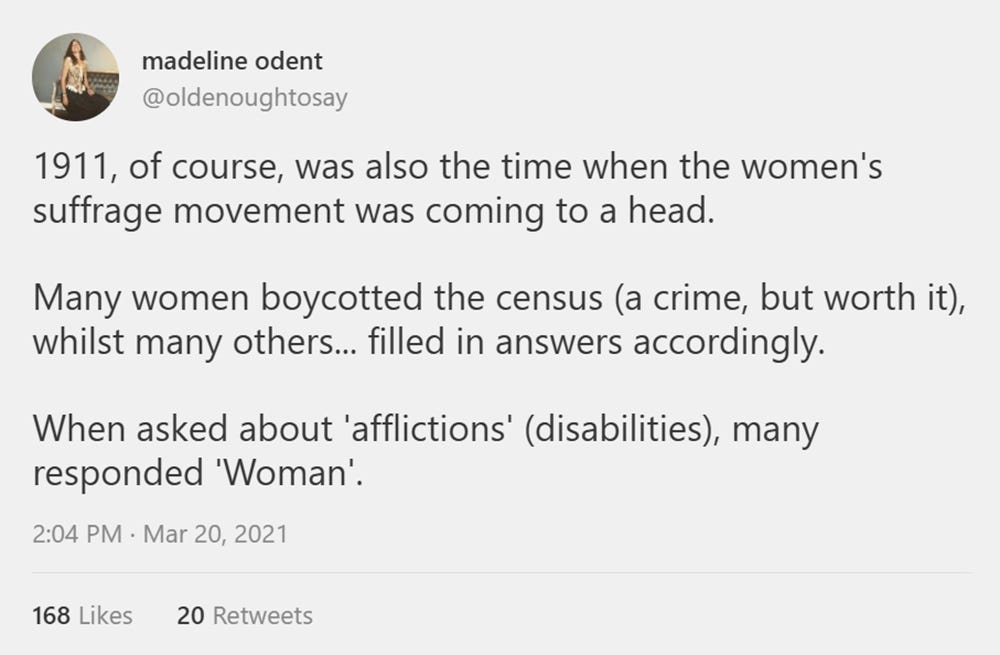 A screengrab of a tweet about women boycotting the 1911 census