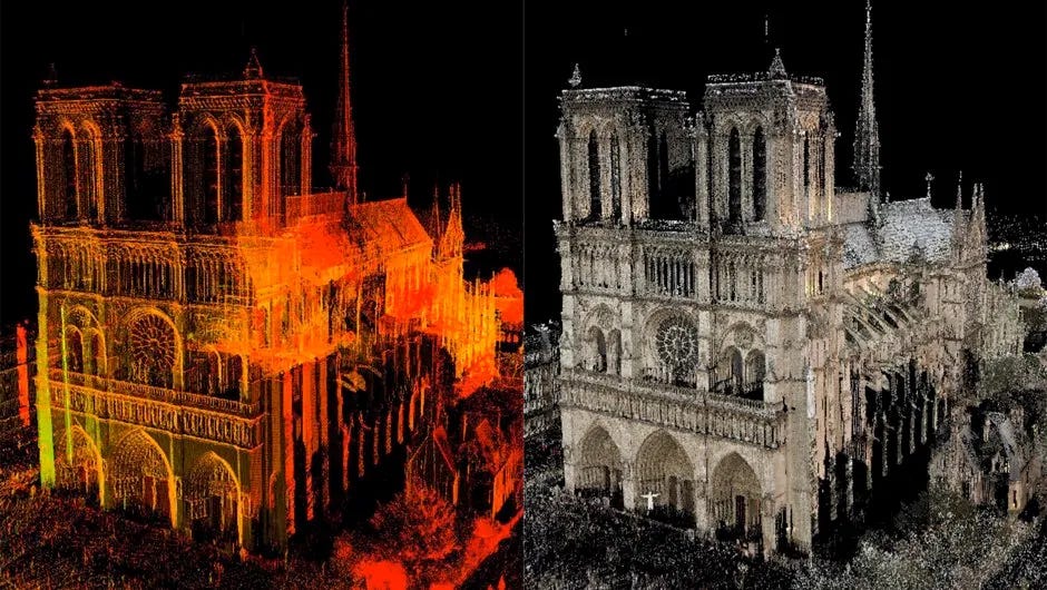 Point-cloud visualization from 3D scans of Notre Dame by Dr. Andrew Tallon, prior to the 2019 fire. Image via National Geographic.