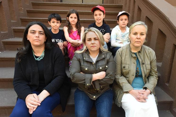 Parents Natalya Murakhver, right, and her two children Violet and Clementine, Allison Weinger, left, and her 7-year-old twins, and Stephanie Kokinos on the Upper West Side.