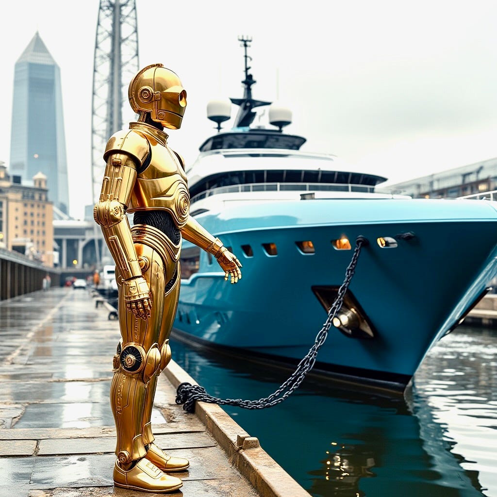 A robot standing next to a boat

Description automatically generated