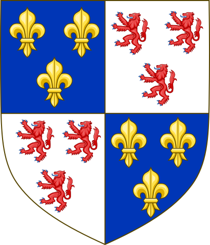 A coat-a’-arms shield divided into quarters, with the upper-left ’n’ lower-right being blue with three gold fleurs-de-lis, an’ the upper-right ’n’ lower-left bein’ white with three red lions all goin’ RAWR!