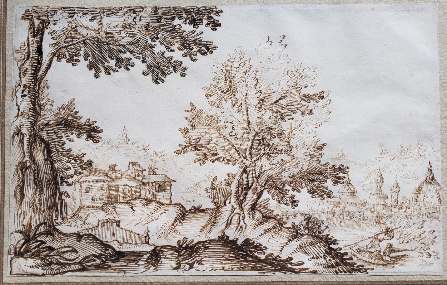 A drawing of a landscape with a house and trees

Description automatically generated