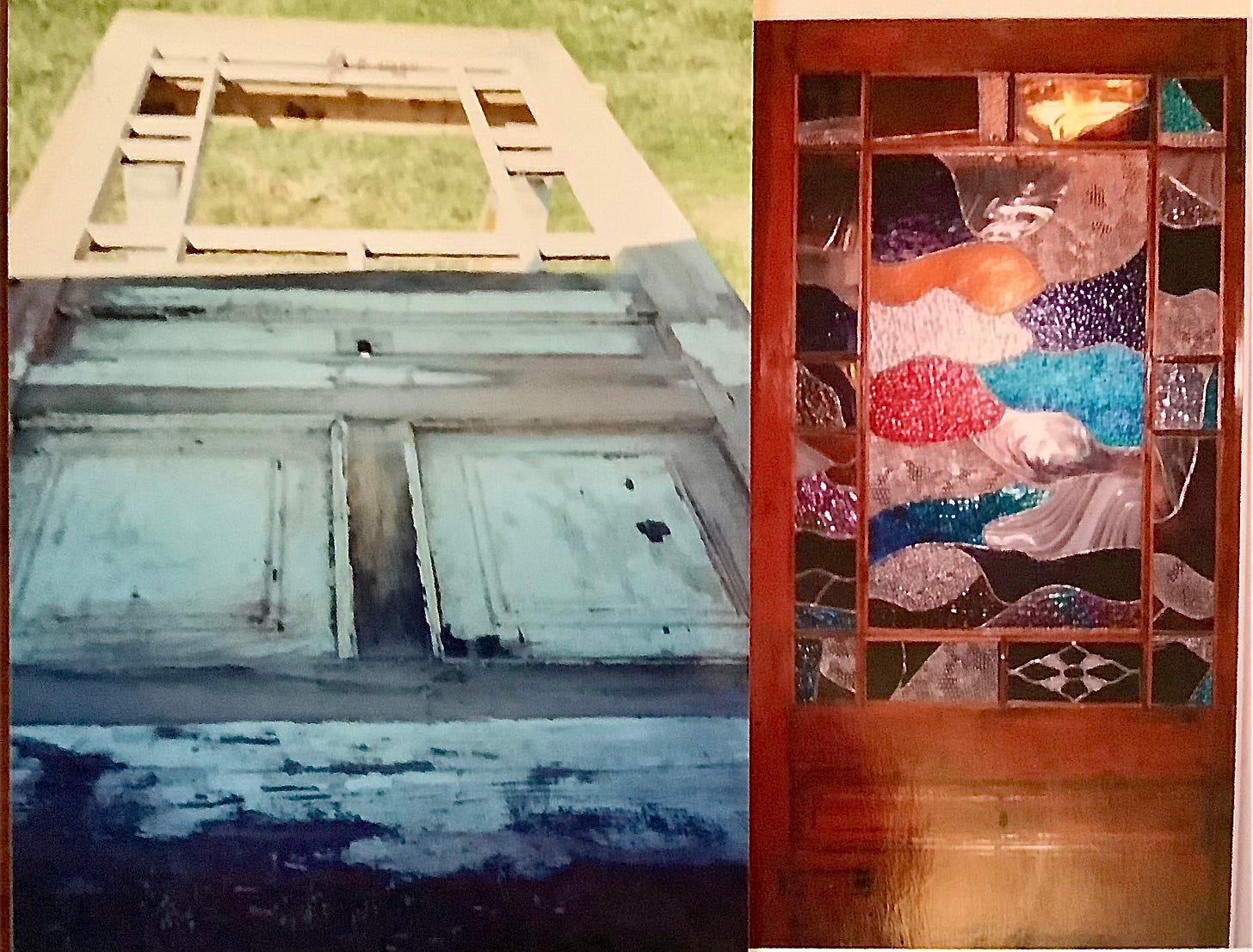 Old wooden door with panels on the lower half and an open rectangle on the top surrounded by different sized smaller rectangles and squares for glass. That's the before picture. The after picture has the wood refinished and colorful stained glass with different textures. The design is abstract with parts looking like waves.