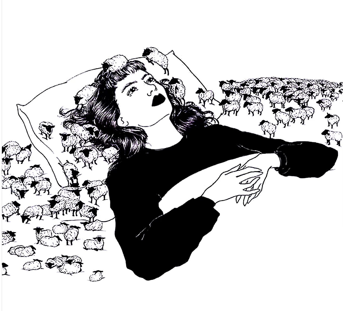 Illustration of a woman lying awake in bed, gazing upward with a thoughtful expression, surrounded by a flock of sheep.