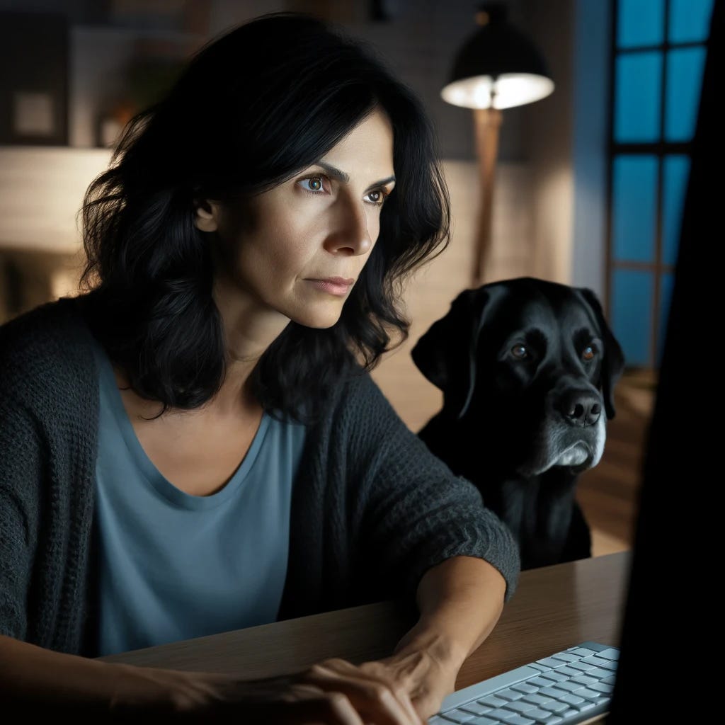 A dark-haired, middle-aged woman is seated at her desk in front of a computer, looking intently at the screen with a mixture of concentration and frustration. Beside her, a black Labrador sits, watching her with a look of concern and curiosity. The room is illuminated by the soft glow of the computer screen, highlighting the determination on the woman's face and the dog's eager expression. The atmosphere is a mix of challenge and companionship.