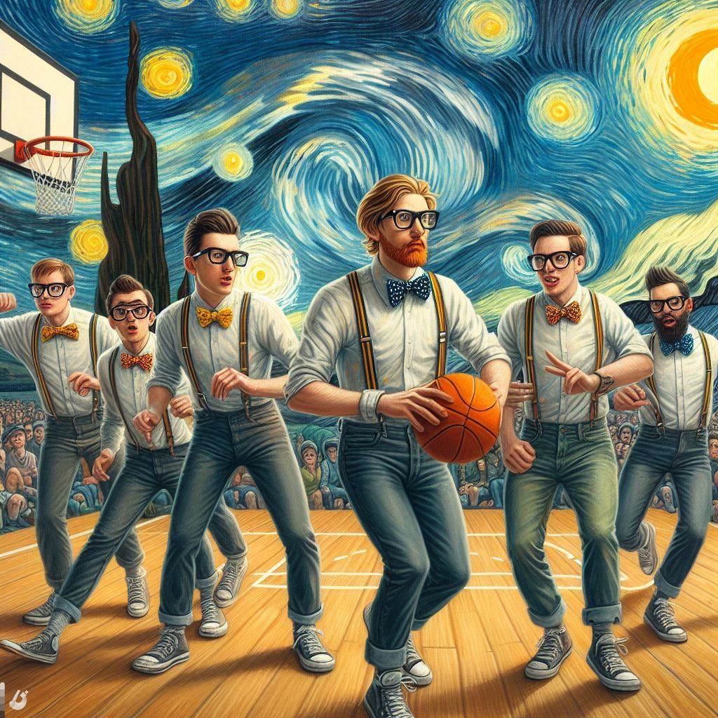 A group of nerds with pocket protectors and suspenders playing basketball, in the style of Van Gogh