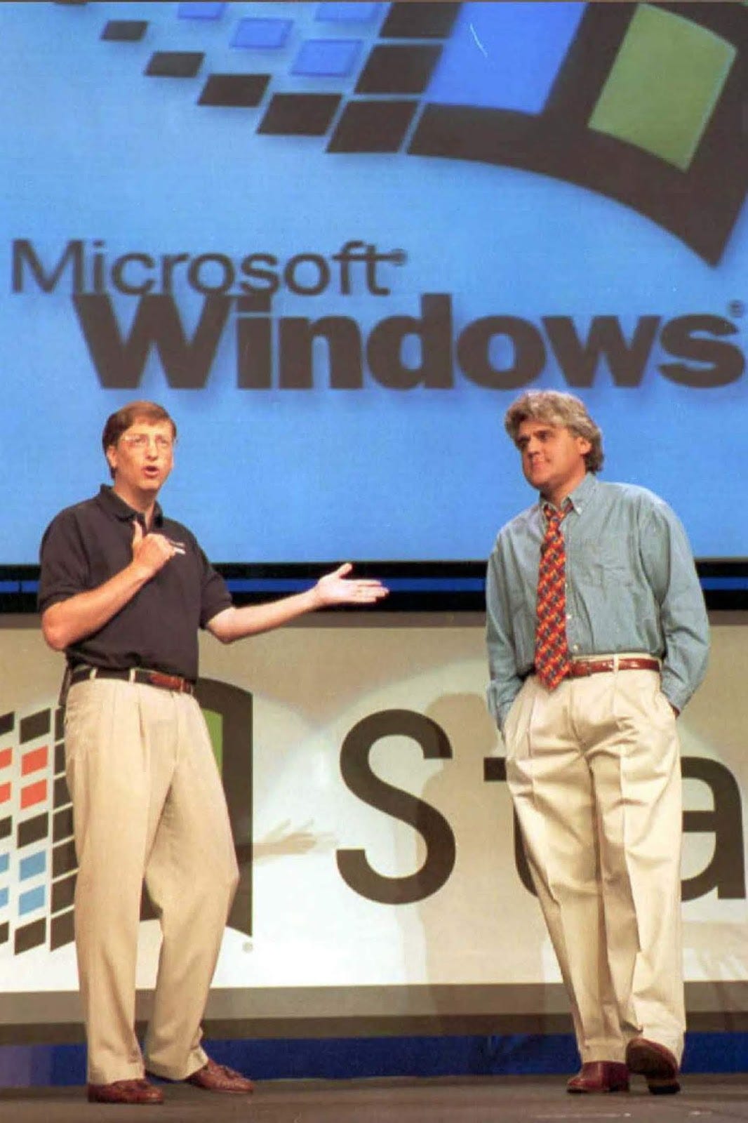 Bill Gates is joined by comedian Jay Leno at the Windows 95 kickoff event in Redmond, Washington.