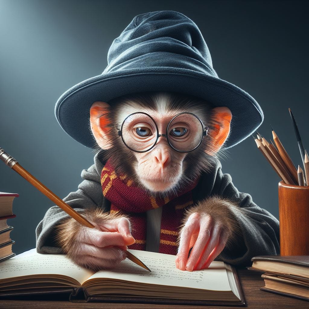 A realistic Monkey cosplaying as harry potter writing fan fiction