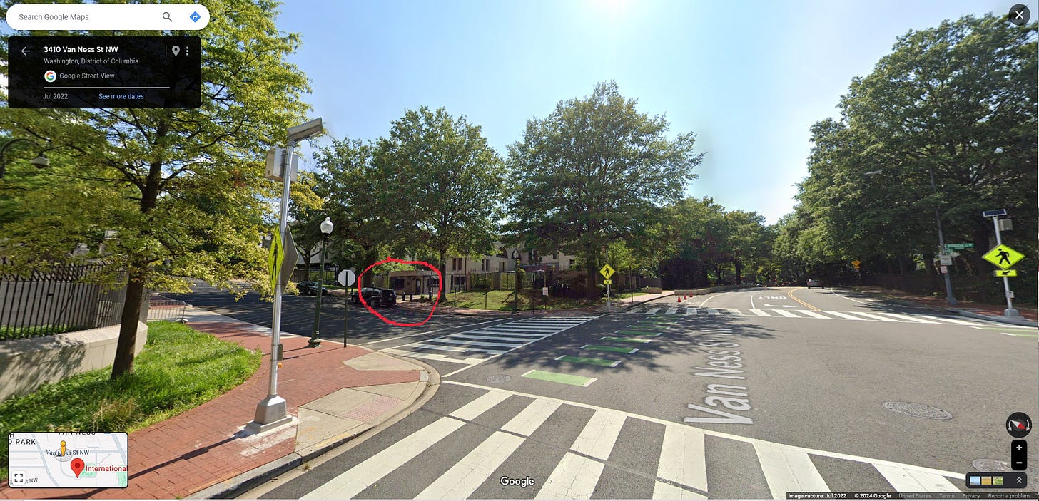 Google Street View image of the Israeli Embassy from the corner where International Drive rejoins Van Ness Street