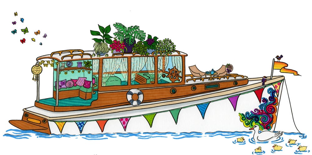 A hand drawn illustration of a river boat, with a colourful swirl pattern at the bow, colourful bunting, plants on the roof and butterflies. With reclining chairs and a atable at front of the boat with comfy seating area inside the boat and a white duck and her yellow duckings in the water at the front of the boat
