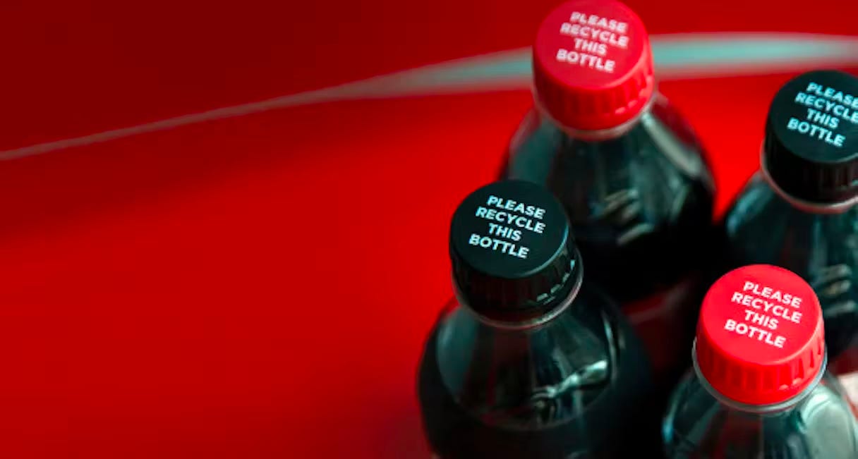 Top view of 4 plastic Coca-Cola bottles with the words “Please recycle this bottle” on each cap