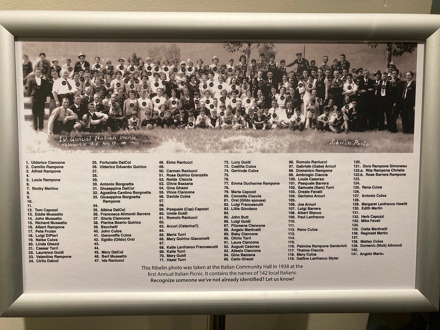 Museum exhibit featuring a historical photo of 141 people with names identifying individuals in the photograph.