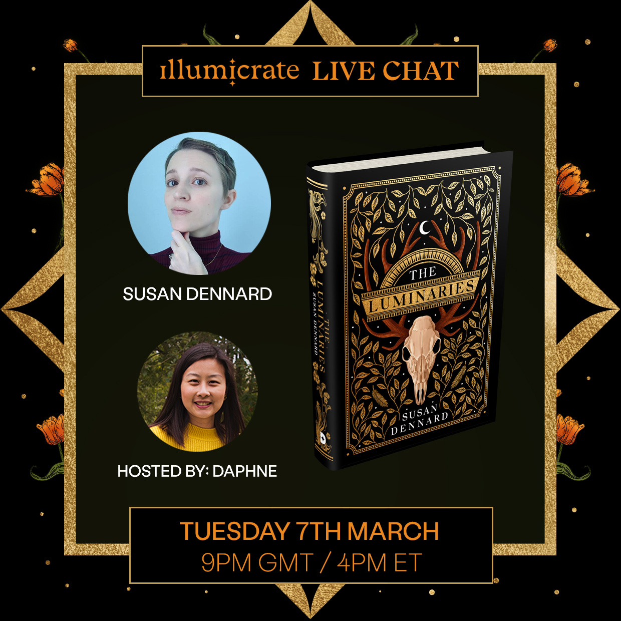 A graphic showing Susan, Daphne, and the Illumicrate edition of Luminaries