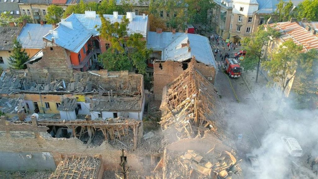 Dozens of buildings were damaged in the heart of Lviv