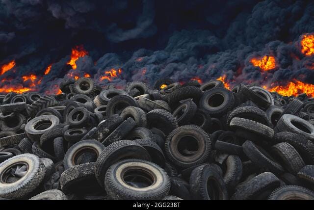 Tyres are on fire. Burning old tyres on recycling landfill. Black smoke  from tires fire. Tyre graveyard at rubber burning plant. Wheel tire  recyclers Stock Photo - Alamy