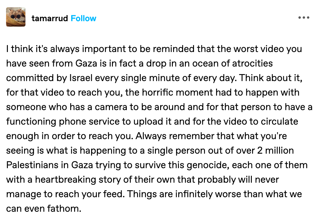 I think it's always important to be reminded that the worst video you have seen from Gaza is in fact a drop in an ocean of atrocities committed by Israel every single minute of every day. Think about it, for that video to reach you, the horrific moment had to happen with someone who has a camera to be around and for that person to have a functioning phone service to upload it and for the video to circulate enough in order to reach you. Always remember that what you're seeing is what is happening to a single person out of over 2 million Palestinians in Gaza trying to survive this genocide, each one of them with a heartbreaking story of their own that probably will never manage to reach your feed. Things are infinitely worse than what we can even fathom. 