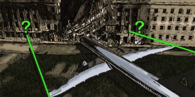 A plane flying over a destroyed building

Description automatically generated